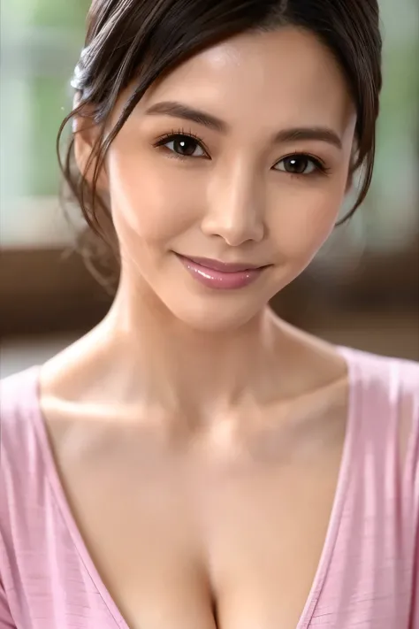 (  top quality、  Table Top、8k、  Highest Quality、  Award-winning work  )、( Close-up of face:1.1)、 smile、  accurate anatomy、  The most elegant and neat hairstyle、The most elegant and tidy outfit 、 Elegant Simple Blur Background  、 look at me、  natural cosmet...