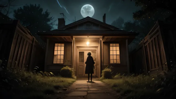 "A spooky old house at night with broken windows, overgrown grass, and a full moon casting shadows. A shadowy figure (the player) stands near the front gate, looking up at the house with fear and determination. Add dramatic lighting and eerie details like ...