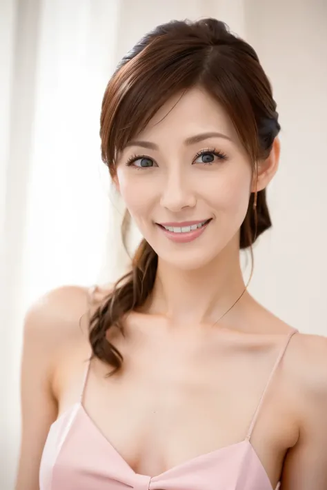 (  top quality、  Table Top、8k、  Highest Quality、  Award-winning work  )、( Close-up of face:1.1)、 smile、  accurate anatomy、  nudes、 Elegant Simple Blur Background  、 look at me、  natural cosmetic 、Beautiful glowing skin、 Large Bow-shaped Chest  、  glossy li...