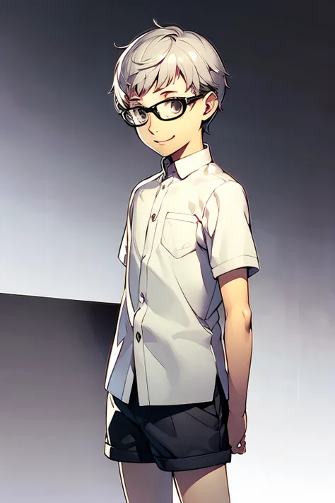 Short Hair、 silver hair、silver eyes 、  、 white shirt、Best、 shorts、 Growing Up Well 、smile、Glasses、（White background）、whole body