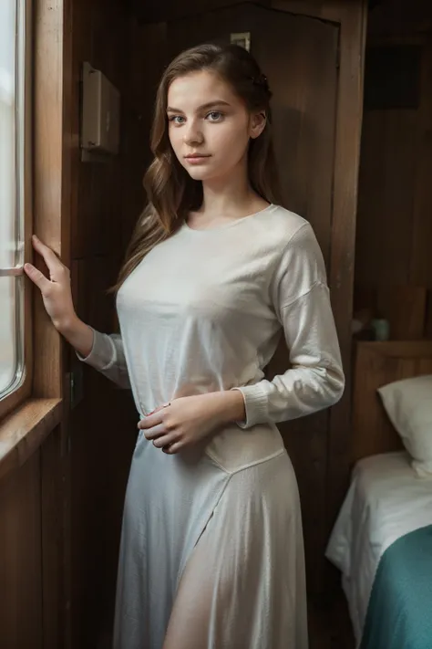 A 18 year old polish girl Ana that is mute is wearing a long full dress and a pullover in the cabin in the year 1945.1940's hairstyle.she loves me very much and knows that i am soviet. She looks close at me 