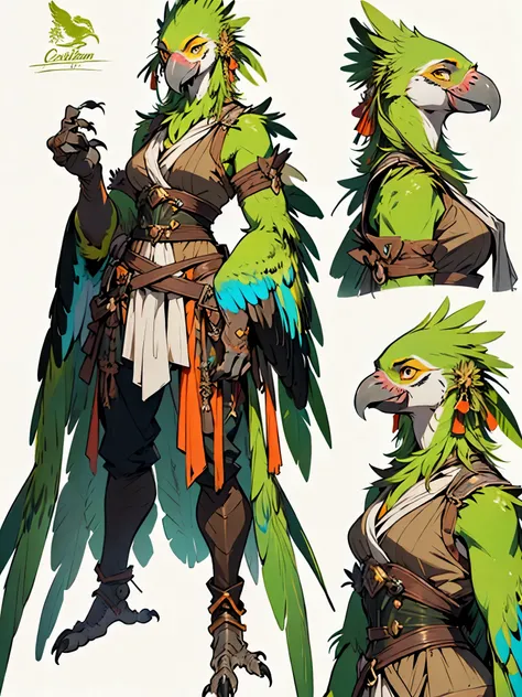 ((best quality)), ((masterpiece), reference sheet, model sheet, a bird woman, parrot, detailed golden eyes, green feathers, fantasy outfit, winged-arms, talons, claw 