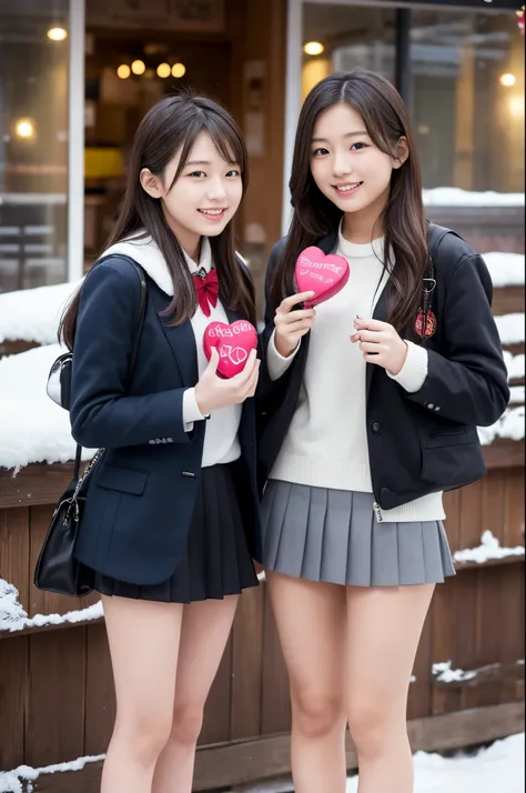 Two girls (20 years old, Japanese pretty face) has Valentine chocolate, is wearing high school uniform with mini skirt at snowy city.