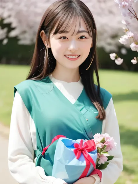 A stunningly beautiful 20-year-old woman stands in a lush green park full of cherry blossoms in full bloom under a clear blue sky. She is wearing a classic sailor uniform and holds a neatly wrapped gift box with a red ribbon in both hands in front of her c...