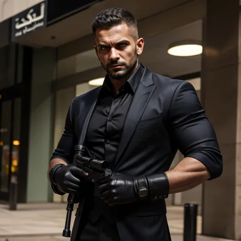 35 years old,1 person muscular 、 Face Up 、 black suit 、outside、logic, Gay、Short Hair。、Arabian Scary Faces　 sniper 、 upper body up　 black gloves　Combatant　front　 stubble　　Menacing look　father　 black suit 、 
