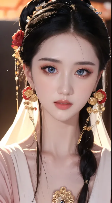 1 20 year old girl,chinese game fantasy legend, 1 goddess,thin flowing hanfu,pink silk dress, beautiful goddess  face without blemishes, delicate yellow nightgown,chinese hanfu,fantasy  game,gold jewelry,1 beautiful  red silk cloth half veil, female saint ...