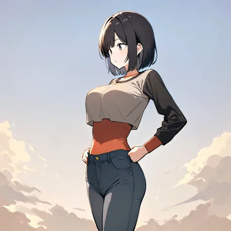 girl breasts are big black hair Short hair SIMPLE plain clothes is standing (( highest resolution))