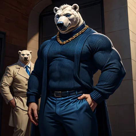 Koslov ( Tall and big polar bear with blue eyes), Bodyguard man, mobster style navy blue costume ,  black sweater, Golden chain ,  Fully dressed  