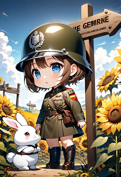 (Super Chibi Style Girl:1.5), messy brown hair, beautiful detailed eyes, beautiful detailed lips, extremely detailed face and features, wearing an old German military helmet and uniform, holding a detailed rifle, standing in a sunflower field, looking at a...