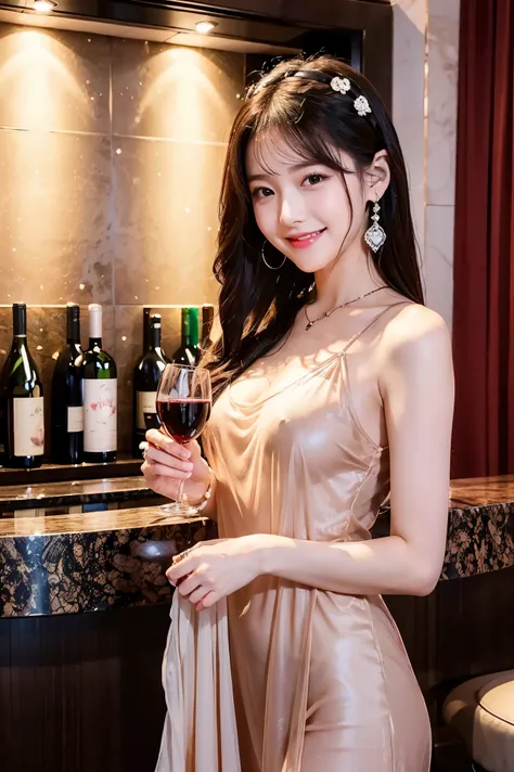  cute face like an 18-year-old idol in a luxury hotel　 smiles gently　Whole body　night　 Valentine's Day Party　Stylish wine bar　erotic black see-through dress　((( happy valentine)))　live-action　 RAW photos 　Genuine