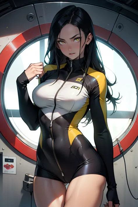 1 girl, black hair, yellow eyes, very long hair, pale skin, fit body, slender body, slim waist, large breasts, (confident expression), pilot suit, thigh gap, bare thighs, show bare legs