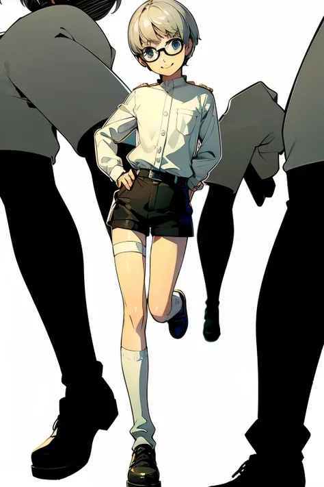 Short Hair、 silver hair、silver eyes 、 、 white shirt、Best、 shorts、 Growing Up Well 、smile、Glasses、(White background)、whole body、 high socks、(Sock Garter)