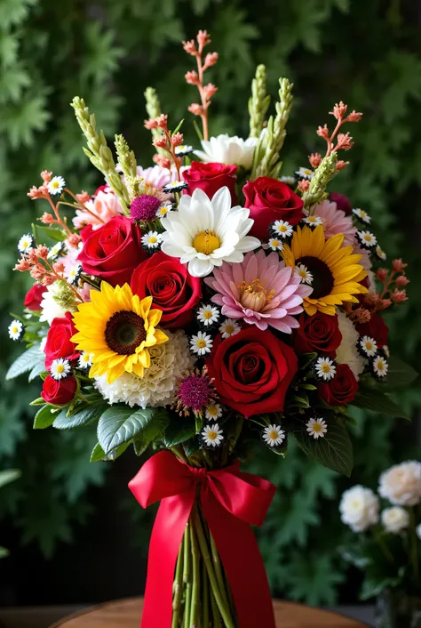  Create a buchon bouquet with red roses , white, pink,  sunflowers,  golden decorations , green branches , flores pequeñas white con papel negro con filo dorado y liston rojo