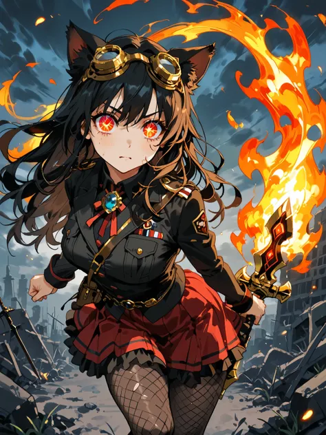   1girl  , (Face focus and zoom with flame eyes:1.4).
 has mature dignity and strength 、 Manipulate Fire with a Single Wave of Arms 、 creates an elaborate sword with that momentum 。What are the characters and backgrounds drawn in detail、 lyrical power and ...