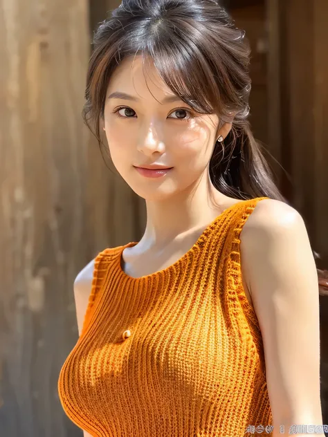 ８hair, Very detailed, masterpiece, Highest quality, Photorealistic, Detailed face, Beautiful Eyes, Age 35, Sexy Woman, 1 person, Cute face, The lower lip is thick and full, Look forward, Nice body, (Light weight orange knit dress), Upper Body, ((look into ...