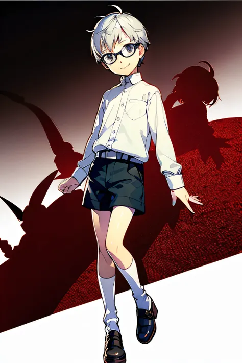 Short Hair、 silver hair、silver eyes 、 、 white shirt、Best、 shorts、 Growing Up Well 、smile、Glasses、(White background)、whole body、 high socks、(Sock Garter)