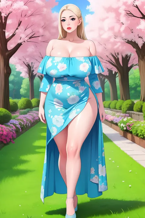 an extremely beautiful sexy curvy busty thin woman with pale blonde hair, big blue eyes, and extremely shiny white fair skin, pink glossy lips in a long off-shoulder blue floral dress. Show full body from head to feet. garden in the background.