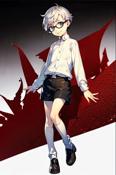 Short Hair、 silver hair、silver eyes 、 、 white shirt、Best、 shorts、 Growing Up Well 、smile、Glasses、(White background)、whole body、 high socks、(Sock Garter)