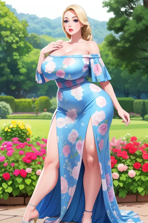 an extremely beautiful sexy curvy busty thin woman with pale blonde hair, big blue eyes, and extremely shiny white fair skin, pink glossy lips in a long off-shoulder blue floral dress. Show full body from head to feet. garden in the background.