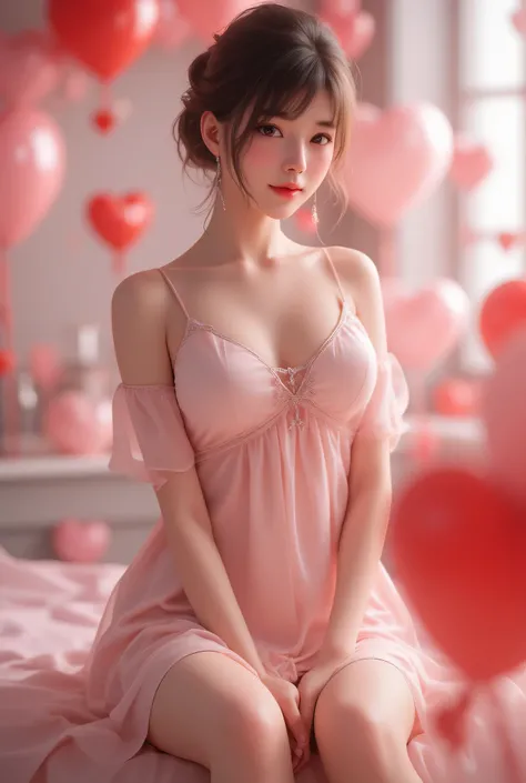  The scene is depicted in an amazingly realistic 32K ultra-high resolution ,   super quality,   The sharp details and vivid texture stand out  ,  A realistic Valentine's Day themed image of a beautiful Japanese woman .  Stunning photography depicting many ...