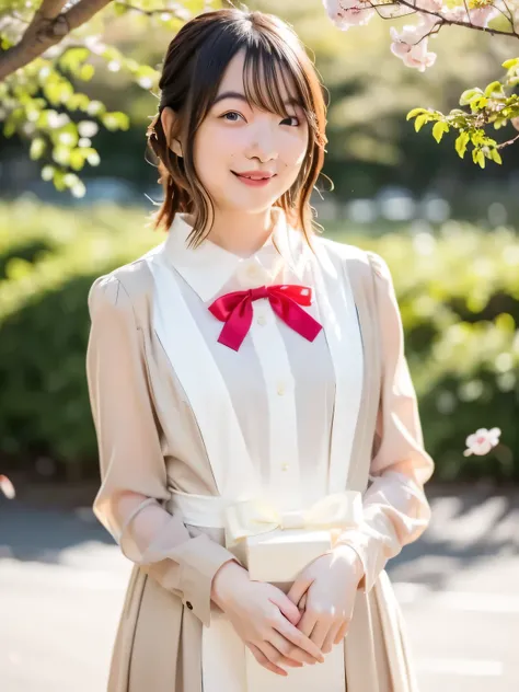 A stunningly beautiful 20-year-old woman stands in a lush green park full of cherry blossoms in full bloom under a clear blue sky. She is wearing a classic sailor uniform and holds a neatly wrapped gift box with a red ribbon in both hands in front of her c...