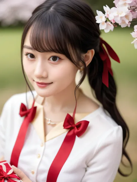 A stunningly beautiful 20-year-old woman stands in a lush green park full of cherry blossoms in full bloom under a clear blue sky. She is wearing a classic sailor uniform and holds a neatly wrapped gift box with a red ribbon in both hands in front of her c...