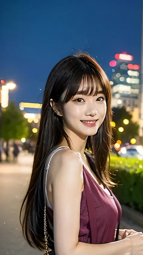 1 girl, Hi-Res, long hair, look, bangs, top quality, anatomically correct, Park with a night view, smiles,