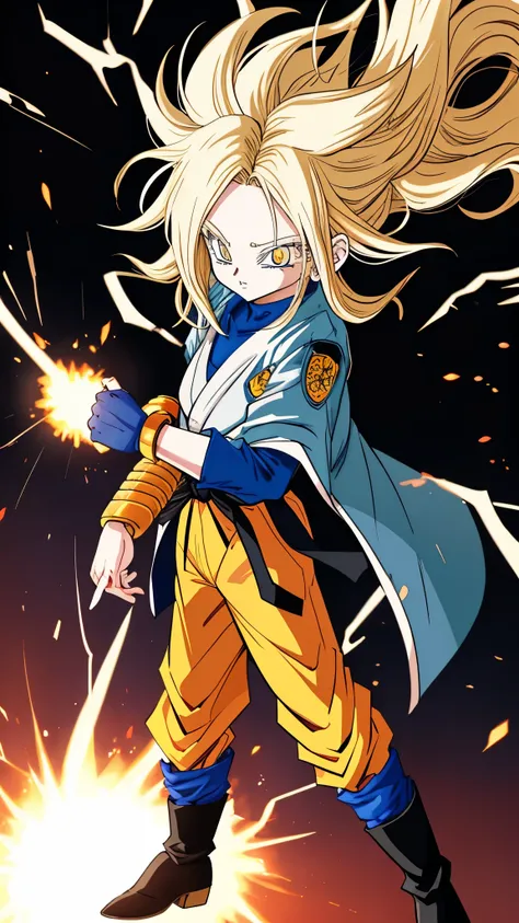 (Dragon Ball Super painting style ,Animation Style, high detail),  Super Saiyan Girl ， Delicate Japanese Girl Face Shape , Almond big eyes+ golden pupils , Sharp eyes， Slim Muscular Line ,  Well-balanced Body ,  165-170cm Height ， Golden Spiky Long Hair wi...