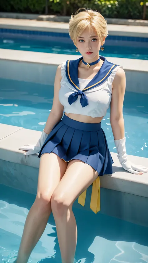 masterpiece, Highest quality, high resolution, (realistic), RAW photo, Octane rendering, Chubby face:1.1, sexy, Highest quality, Very detailed, Very accurate, Chubby face: 1.2, ((Wearing a Sailor Uranus costume)), close-up of a girl in a sailor costume pos...