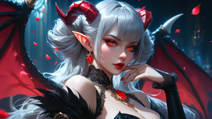 Masterpiece, Best quality, Dark fantasy succubus queen with silver hair and crimson eyes, wearing an elegant black outfit with gold accents. Large bat-like wings spread behind her, surrounded by a gothic atmosphere with red petals floating. A massive black...