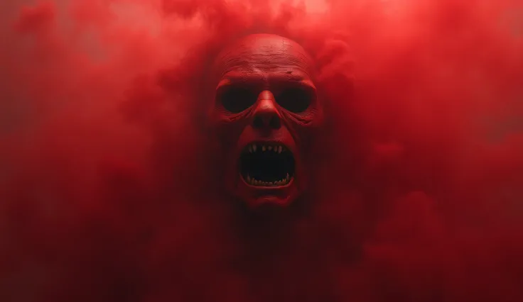 "A nightmarish face emerging from a crimson fog, eyes hollow and infinite."