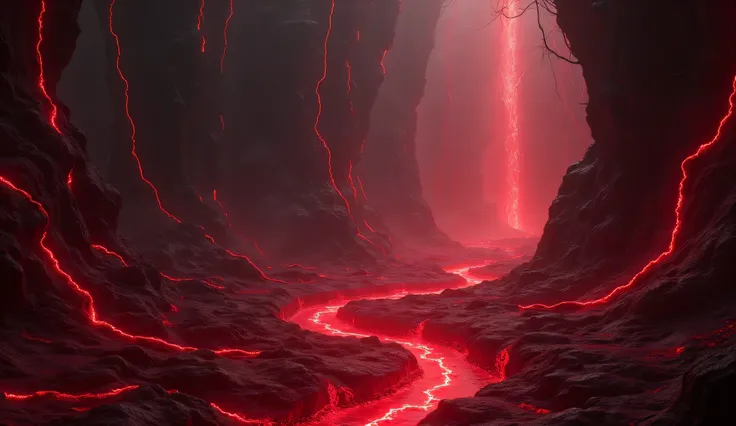 "A labyrinth of glowing red veins pulsating through a pitch-black dimension."