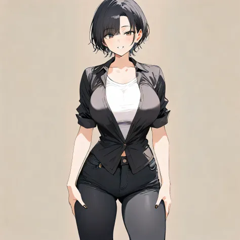  girl　 breasts are big　 black hair　Short hair　 SIMPLE 　 plain clothes 　 is standing　(( highest resolution))