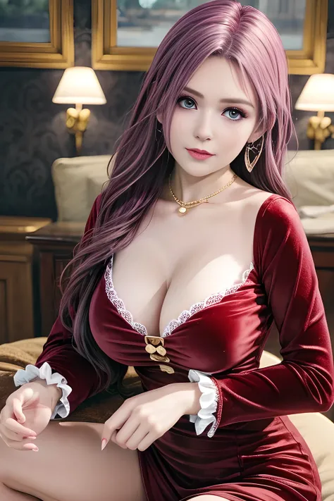 (1girl:1.5) , Dressed in luxurious red (velvet long-sleeved dress: 1.5), she has an elegant pose and gazes forward. She has flowing wavy hair and wears delicate earrings that complement her classical look. The background is a cozy vintage interior with whi...