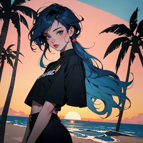 Retro Girl, Miami, Sunset, Ferrari, Palm Tree, 90's, ( Flat Color, Flat Texture, Line Drawing:1.2), Graphic Design, (Dark Ink, Ink Black), DJ, Neon Color Hair, Wave Hair