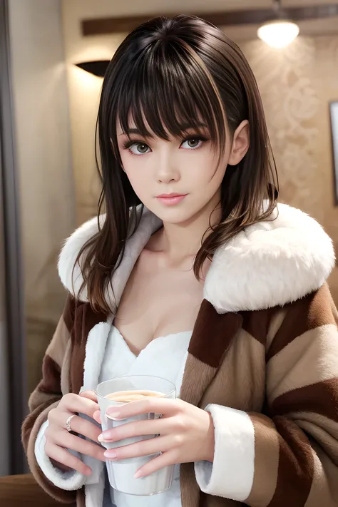 A young woman with light brown hair tied up loosely, wearing a plush fur coat with an irregular cow print pattern in creamy white and deep brown. She has a delicate facial structure, soft eyes, and a gentle expression. The background features a modern inte...