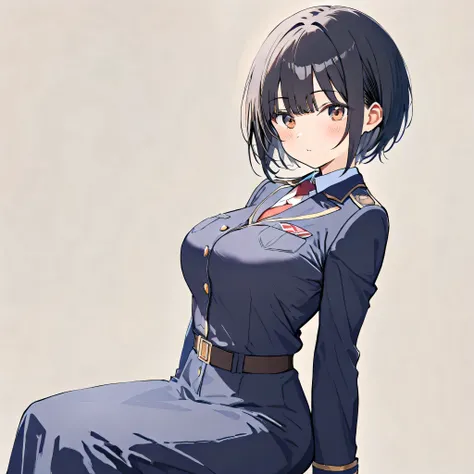  girl　 black hair　Short hair　The hair is well-groomed 　 smooth　 breasts are big　 and the chest is well rounded　 SIMPLE 　In uniform　 style is good　(( highest resolution))　