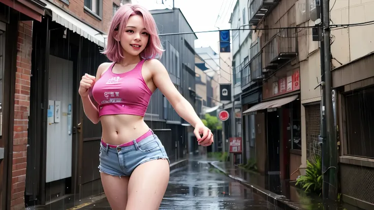 Pink-haired shorthair。
Height 170 cm
 old beautiful Japanese girl
My thighs are sticking out in shorts
The fancy tank top 　Part of it is torn
Blood on the face
Soaking wet in the rain

The location is America
Back alley in downtown
They won a fight and are...