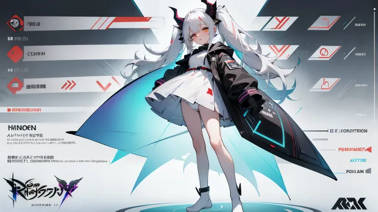 white hair, oversized hoodie, cyber daemon, loli, cyberpunk, horns, 9 emojis，Emoji pad.，Align arrangement，A variety of gestures and expressions（Grieving，astonishment，having fun，Exhilarating，big laughter，Touch your head, wait），Anthropomorphic style，disney s...