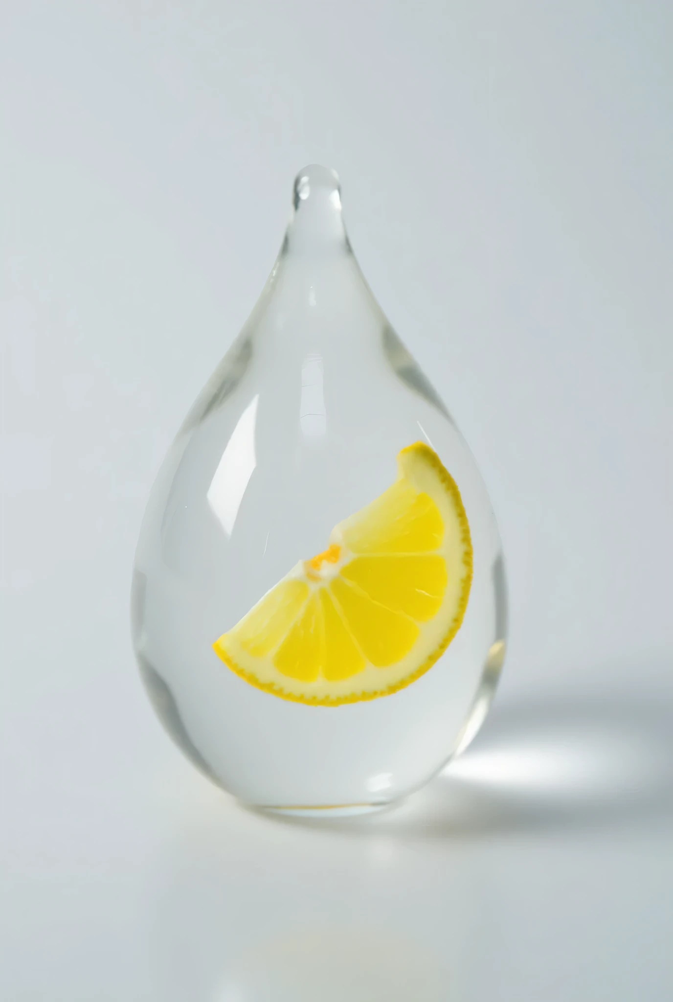 a drop of transparent gel on a light gray background, inside is a drop of lemon wedge, natural light ,