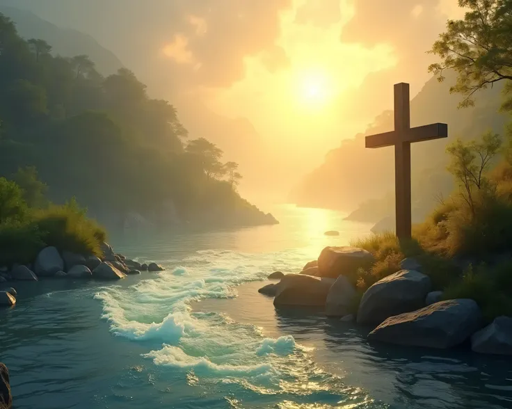 
"A serene biblical scene depicting the transformation of bitter water into sweet water. A flowing river with a distinct contrast—one side appears dark and bitter, while the other side glows with a golden, purified essence. A wooden cross stands by the riv...