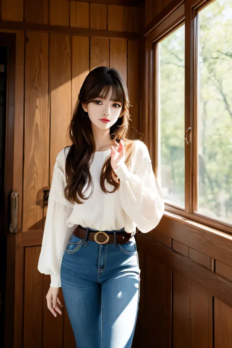 (HD), ((actual image)),K-POP girl in front of window, beautiful spring day, inside a big room, bright sunlight_lighting, long brown hair, bangs, light makeup, long blouse with artistic pattern, sleeves_rolled up, jeans_belt, right hand on torso, left hand ...
