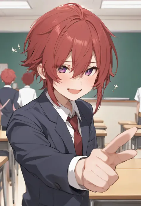  male middle school student、 red hair 、classroom、Greetings、greet、 point of view