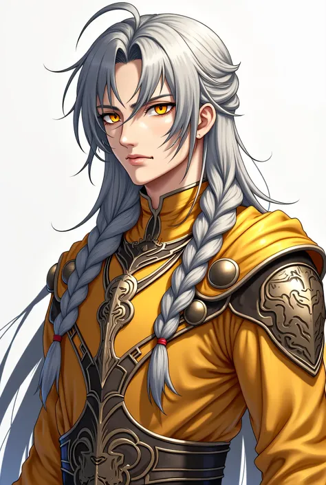 Man with long gray waist-length hair with butterfly bangs and two unique braids, with yellow eyes,  gold and silver clothing identical to that of a warrior god, from a heroic angle .  style in anime style/Of video game.