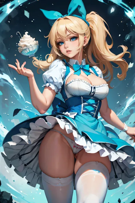 a sexy Alice in Wonderland with blonde hair with a bow in her hair, powder blue dress with white apron, white stockings, upskirt, white thong, cleavage, dynamic, ultra high def, 32k,