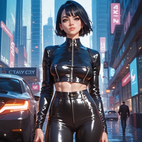 A girl standing in the center of a futuristic city 　 detailed details　 luxury and fashionable clothes and pants made of leather　 black hair　Short hair