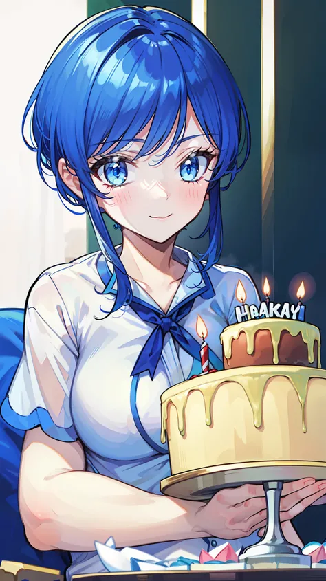  Masterpiece,  top quality,  Photorealistic,  super detailed,  in detail,  Hi-Res,  8k wallpaper,  the background is white ， 1 beautiful woman,,  blue hair, Loungewear，birthday，Whole cake， celebration