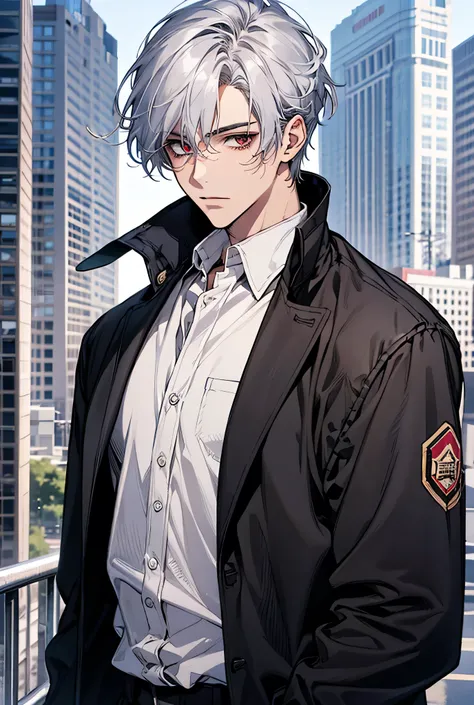 　 male　One person　 handsome　 Silver Hair　My face is a little red　I'm embarrassed

The background is in the city