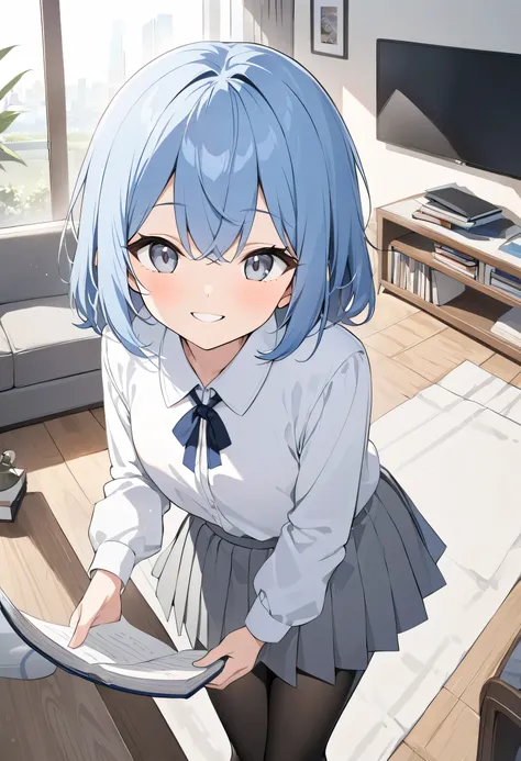  Masterpiece,  top quality,  Hi-Res ,  Shortcut、 blue hair、 boyish、bluish grey eyes 、Small eyes、 white long-sleeved blouse 、 grey pleated skirt、 black pantyhose、stand、 smiling slightly 、intellectual、Calm、study、teach、 living room 、 point of view