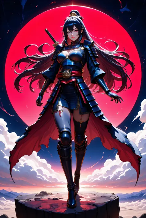 a picture of Japanese female samurai, she has long black hair, wearing samurai armor, armed with a katana, ready for battle, wearing samurai armor, wearing high heels boots, the sun is setting down in the background, she stands on a red moon in space, stra...